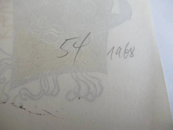 Originální Dvoubarevný Linoryt Exlibris Klaus Rödel – Motiv Ženský akt, kočka a půlměsíc – Ladislav Rusek 1968 (15 x 9 cm)