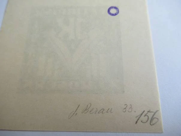 Originální Dřevoryt Exlibris J. Kosek – Motiv Otevřená kniha a monogram JK – Jaro Beran 1933 (6 x 6,5 cm)