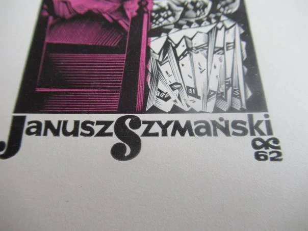 Exlibris Janusz Szymański, 1967, Anatoly Kalashnikov – X2/2 barevný dřevoryt, 14,5 × 10,5 cm
