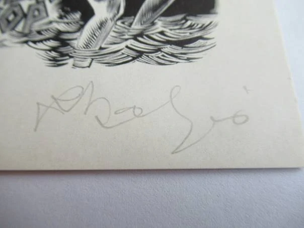 Exlibris Ilmar Isop – Richard Kaljo – Autorský signovaný dřevoryt, Ženský akt a čtenář, 10 × 8 cm