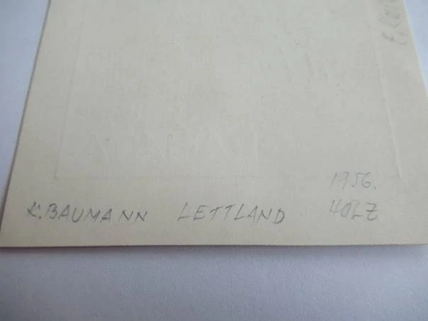 Exlibris Kniha A. Ābele (Žena se sluncem) – Kārlis Baumanis, 1956 – X2 dřevoryt, 10,5 × 8,5 cm