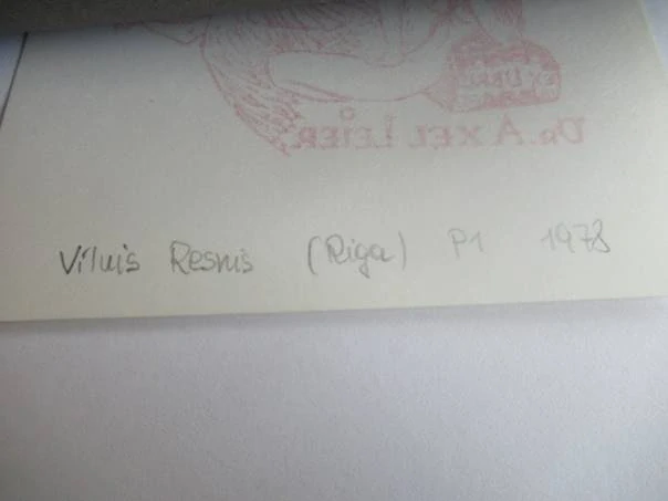 Profesionální originální Exlibris (Tisk z výšky P1) Dr. Axel Leier – Motiv Ženský akt, labuť / mytologie – Vilius Resnis (20,5x14,5 cm)