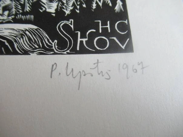 Profesionální originální Exlibris (Dřevoryt X2) HC Skov – Motiv Horská krajina s mostem a lesem – Prof. Pēteris Upītis (14x10,5 cm)