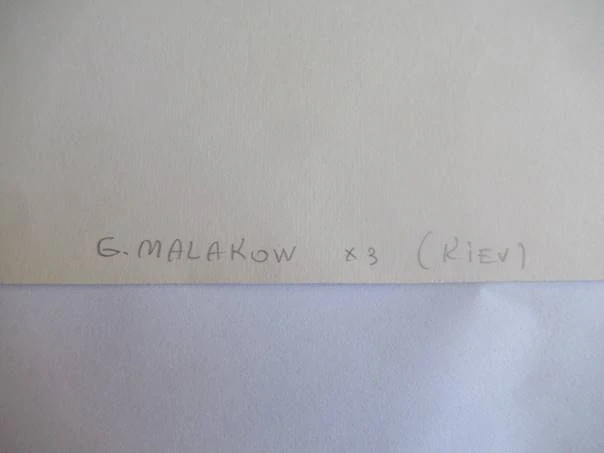 Exlibris – pro E. Maksimovovou – Georgij Malakov – (1965), X3 (linoryt), pravěký motiv s neandrtálcem ryjícím nápis – 15 x 17,5 cm