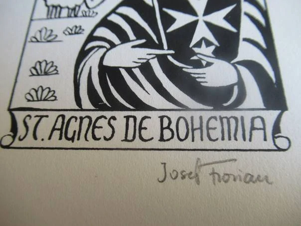 Exlibris – St. Agnes de Bohemia – Josef Florian – X3 (linoryt) se signaturou, motiv Svaté Anežky České – 14,5 x 10 cm