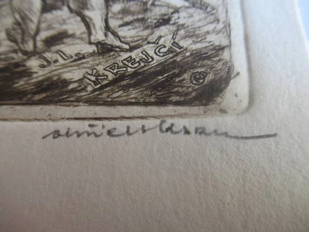 xlibris – pro J. L. Krejčího – Otakar Karel – C3 (lept) se signaturou, motiv ženského aktu na poli s kosou – 10,5 x 7 cm
