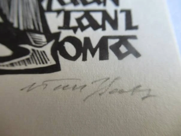 Exlibris – pro Meeta Lapa – Voldemar Tönisson – (1933), X2 (dřevoryt) se signaturou, expresionistický motiv s mnichem a aktem ženy – 11 x 7,5 cm
