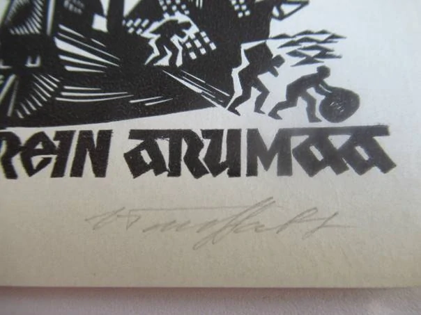 Exlibris – pro Reina Arumaa – Voldemar Tönisson – (reprint/novotisk 1967), X2 (dřevoryt) se signaturou, motiv historické lodi s námořníky – 9 x 7,5 cm