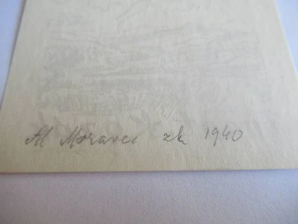 Exlibris – pro Františka Kozáka – Alois Moravec – (1940), X5 (zinkografie / zinkový lept), motiv s vznášejícím se ženským aktem nad krajinou – 10,5 x 7,5 cm