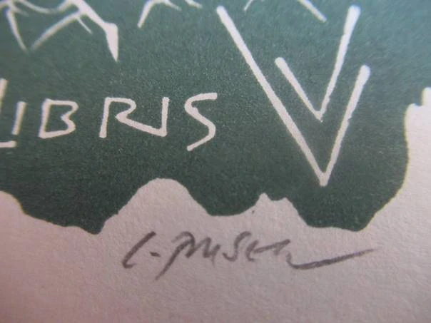 Exlibris – pro V. – Ladislav Rusek – X3 (linoryt) se signaturou, skautský motiv s táborovým ohněm v lese – 20 x 8,5 cm