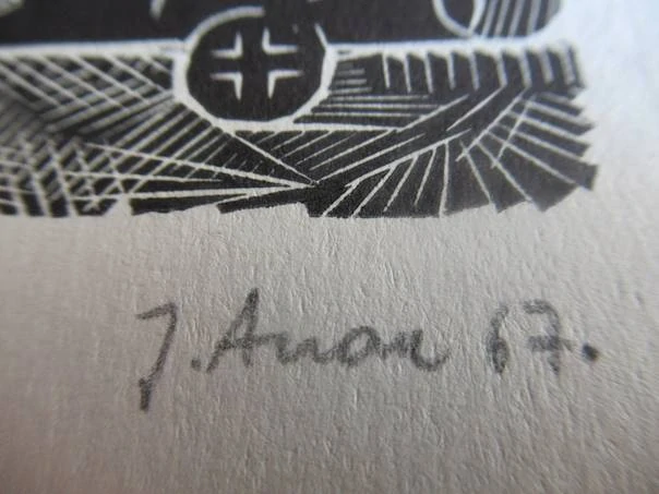 Exlibris – pro Pekka Laatika – Henno Arrak – (1967), X3 (linoryt) se signaturou, avantgardní motiv s koly a stožárem – 10,5 x 8,5 cm