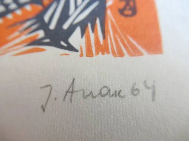 Exlibris – pro Romeo Laanlana – Henno Arrak – (1964), X3/2 (dvoubarevný linoryt) se signaturou, avantgardní motiv s hejnem ryb – 11 x 8 cm