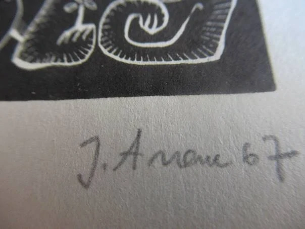 Exlibris – pro Eerika Priimana – Henno Arrak – (1967), X3 (linoryt) se signaturou, motiv ležícího čerta s květinou a srdcem – 8,5 x 7,5 cm