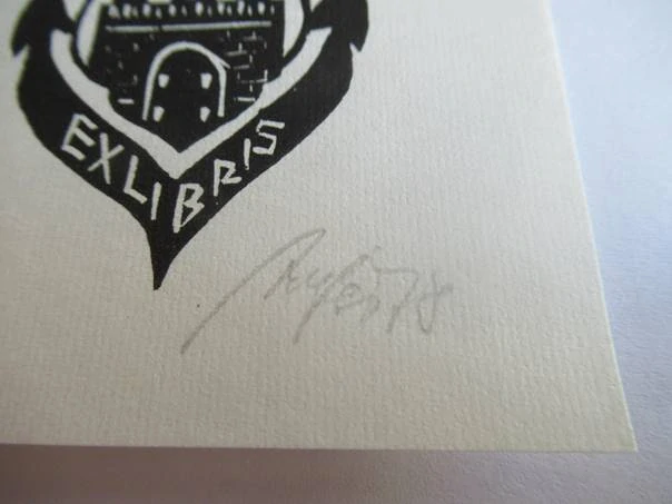 Exlibris – pro Theo Beckera – K.-H. Anger – (1978), X3 (linoryt) se signaturou, námořní motiv s hanzovní lodí a kotvou – 13 x 7 cm