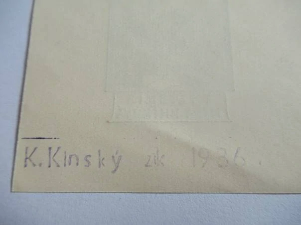Exlibris – Míša Hníková – Karl Kanský (1936) – Motiv: Gotické okno s kostelíkem v zimní krajině, originální zinkografie (10 x 6 cm)