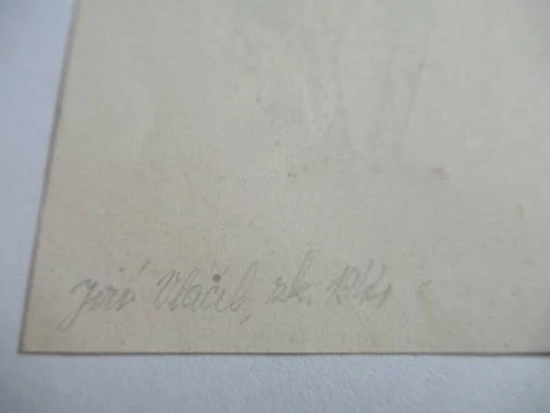 Exlibris – Ladislav Libor Loubal – Jiří Vláčil (1944) – Motiv: Karikaturní autoportrét sběratele s knihou, dvoubarevná kresba perem / zinkografie (11,5 x 6 cm)