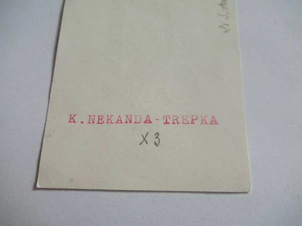 Exlibris – Leontyna Arabska – Kazimierz Nekanda-Trepka (cca 1960–1970) – Motiv: Expresivní kubizující akt stojící ženy, originální linoryt X3 (13,5 x 6,5 cm)