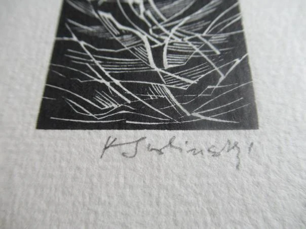 Exlibris – Vlastní autorské exlibris – Karel Svolinský (1941) – Motiv: Alegorická tančící / letící ženská postava ve větru, originální ručně signovaný dřevoryt / kamenorytina na strukturovaném papíře (14,5 x 10 cm)