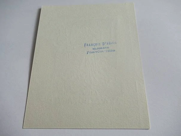 Exlibris – J. A. Sedó Ragull – François d'Aquin (1959) – Motiv: Gentleman doprovázející dámu ke kočáru, originální dřevoryt / xylografie (11 x 9 cm)