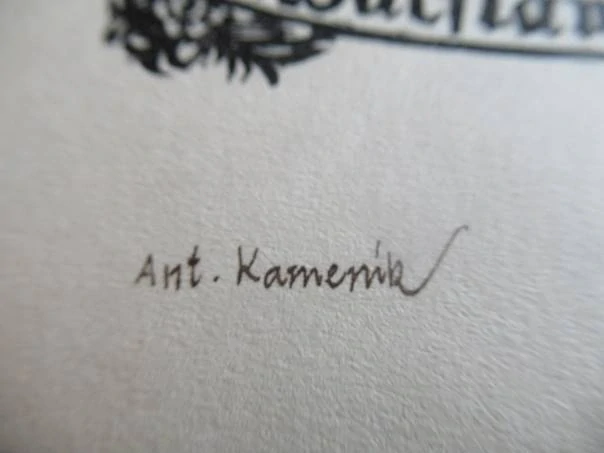 Exlibris – Wáclawa Entnera – Antonín Kameník (cca 1940–1950) – Motiv: Alegorická bibliofilská scéna s hořící hranicí knih, originální dřevoryt / xylografie (13 x 9,5 cm)