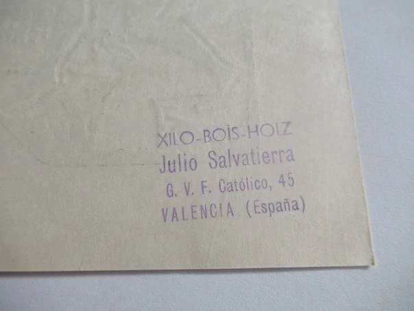 Exlibris – Familia Salvatierra – Julio Salvatierra (1963–1964) – Motiv: Avantgardní rodinná novoročenka / PF, originální dřevoryt / xylografie, Španělsko (17 x 12 cm)