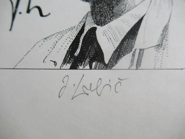 Exlibris – EXL ING. KAREL ZÁRUBA – Josef Lubič (1987) – Motiv: Portrét majitele a dívka v secesním límci (Pierot), originální ručně signovaná litografie / mědiryt C3 (20,5 x 10,5 cm)