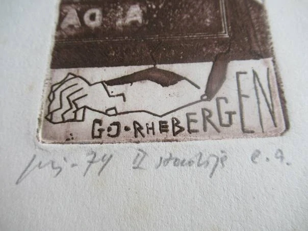 Exlibris – G. Jan Rhebergen – Vincas Kisarauskas (1974) – Motiv: XV. Mezinárodní kongres exlibris v Bledu, kubistická figurální kompozice, originální lept / mědiryt C3 (17 x 10,5 cm)