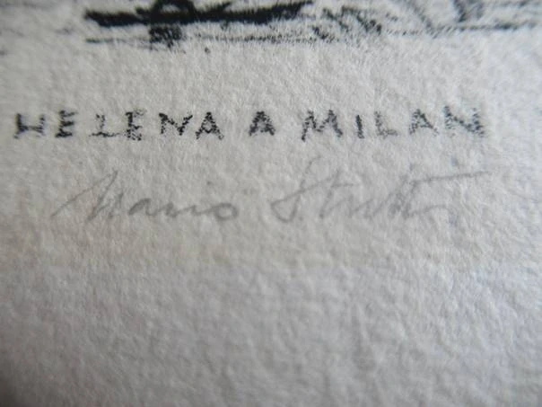 Exlibris – Helena a Milan Friedlovi – Mario Stretti (cca 1940) – Motiv: Rybář v loďce na řece, originální ručně signovaný lept C3 na ručním papíře s trhaným okrajem (11 x 10 cm)