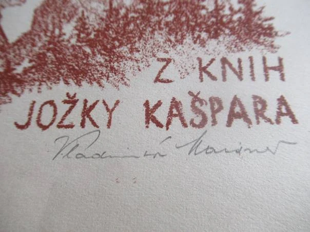 Exlibris – Z knih Jožky Kašpara – Vladimír Komárek (cca 1970–1980) – Motiv: Romantická alegorická scéna s dívkou na skále a poutníkem, originální ručně signovaný dřevoryt / zinkografie v hnědočerveném tónu (15,5 x 10,5 cm)