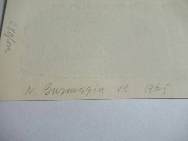 Exlibris Manuel Garcia de la Cruz, motiv sovy v krajině, Nikolay Burmagin, 1965 – originální dřevoryt, 9,5x5,5 cm