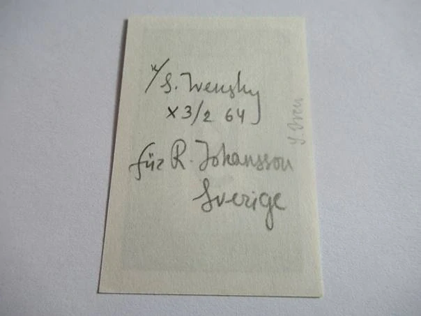 Exlibris R. Johansson, S. Wensky, 1964 – původní dvoubarevný linoryt X3/2, monogram, 5,5x3,5 cm