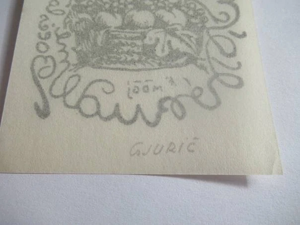 Exlibris V. Rudl – Milenko D. Gjurić, cca 1922 – originální dřevoryt, motiv košíku s ovocem, 7x6,5 cm