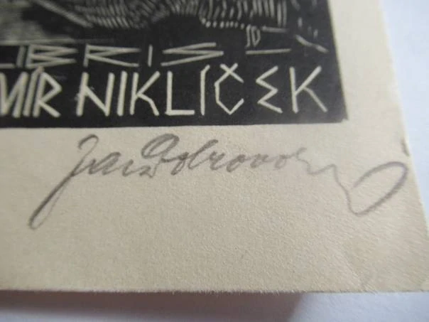 Exlibris Vladimír Niklíček – Jan Dobrovolný, cca 1970 – originální dřevoryt, motiv čtenáře u okna, 12,5x8,5 cm