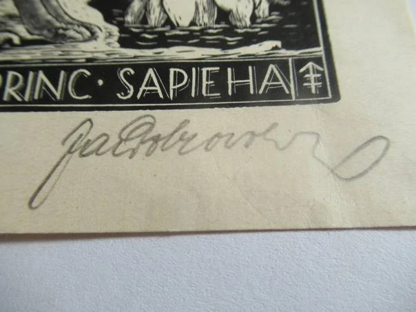 Exlibris Mariae Princ. Sapieha – Jan Dobrovolný, cca 1970 – originální dřevoryt, motiv sfingy a jezdců na koních, 12x9,5 cm