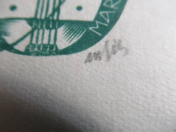 Exlibris Marie Marešová – M. Fils, cca 1970 – originální barevný linoryt, kubistický motiv s kytarou a ratolestí, grafický list 20,5x14,5 cm, exlibris 8,5x7,5 cm