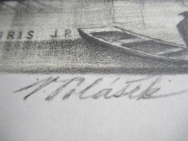 Exlibris J. R. – Václav Blažek, cca 1980 – originální zinkografický přenos / litografie, motiv Karlova mostu s veslaři, grafický list 21x15 cm, tisková plocha 12x8,5 cm