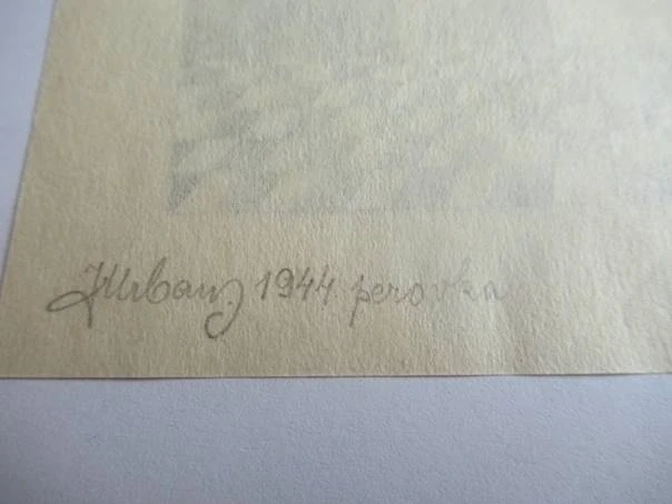 Exlibris Boža Šulcová, J. Urban, 1944 – originální perokresba / zinkografický tisk, motiv hory Fudži s šachovnicovou podlahou, 11,5x9,5 cm