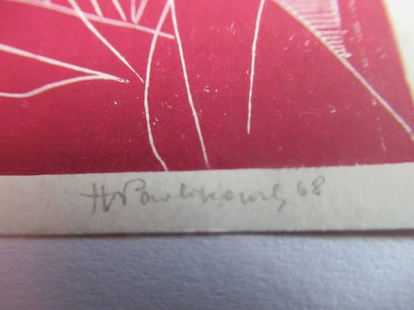 Zbiory Muzeum Śląskiego – Halina Pawlikowska, 1968 – originální barevný linoryt X3, abstraktní motiv s křídly, 12x8 cm