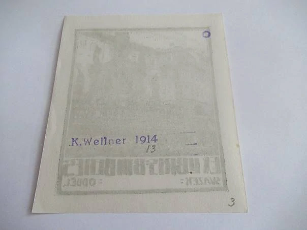 Exlibris Bibl. Beneš – Karel Wellner, 1914 – originální litografie L1, motiv Mariánského sloupu v Olomouci, 11,5x9,5 cm