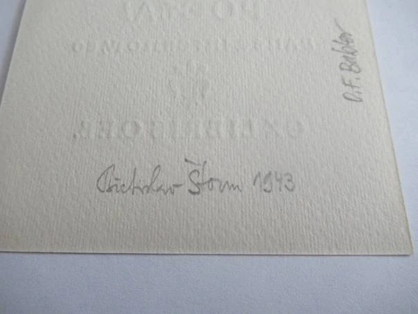 Exlibris O. F. B., Břetislav Štorm, 1943 – originální zinkografie / knihtisk, literární motiv s Dantovým citátem, 8x7,5 cm
