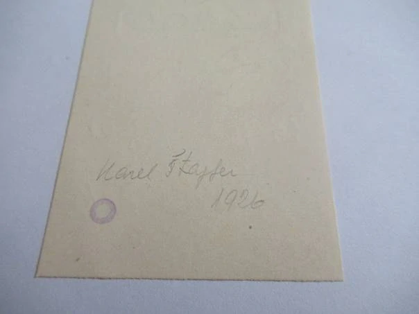 Exlibris Žofie Štapferová – Karel Štapfer, 1926 – originální zinkografie, secesní motiv s amorkem, květy a ptactvem, 9x5,5 cm