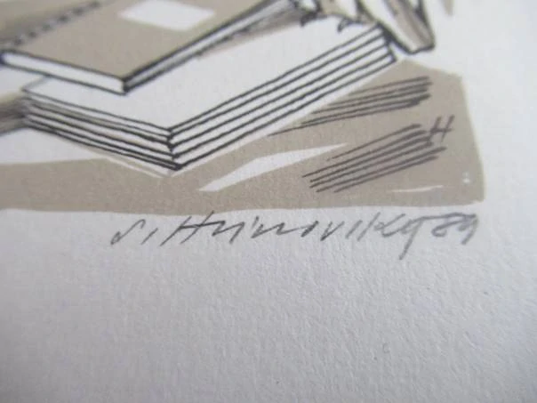 Exlibris Helena Benešová – J. Hlinovský, 1989 – originální dvoubarevná zinkografie, motiv sovy s knihami a mapou, 11,5x9 cm