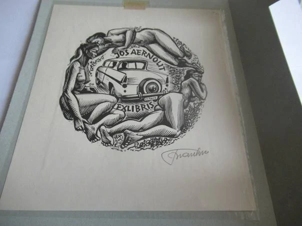 Exlibris – Jos Aernout – Frank-Ivo van Damme – Automobil a akty žen – 15×13 cm – dřevoryt