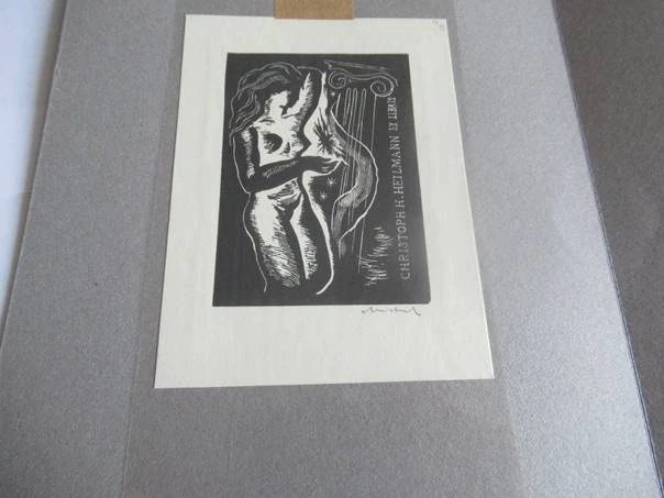 Exlibris – Christoph H. Heilmann – Rastislav Michal – Ženský akt s antickým sloupem – 11×8 cm – dřevoryt
