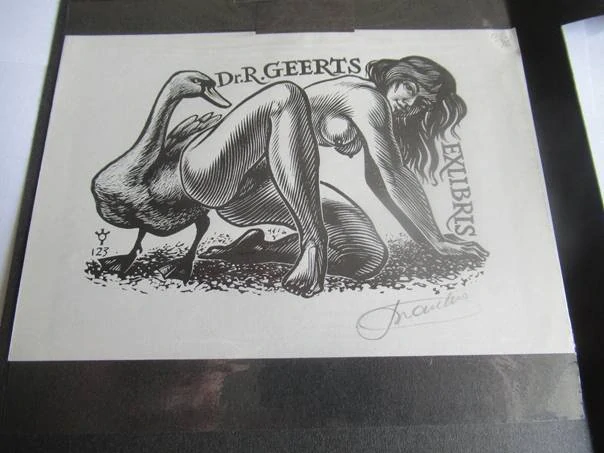 Exlibris – Dr. R. Geerts – Frank-Ivo van Damme – Léda s labutí (Ženský akt) – 10×15 cm – dřevoryt