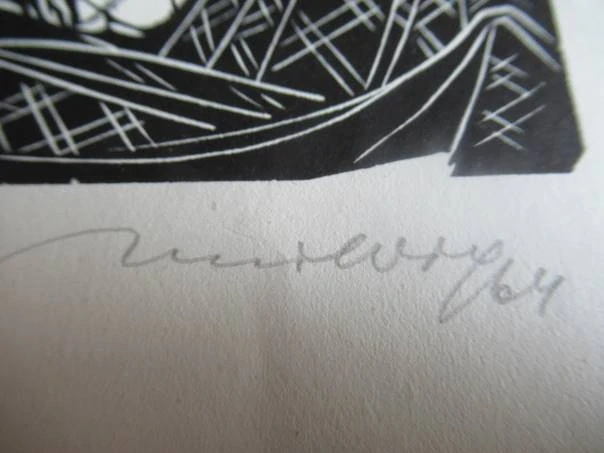 Exlibris – J. V. Botella – Rene Wolf – Expresivní erotický motiv (Luxuria) – 16×12 cm – linořez / linoryt (X3)