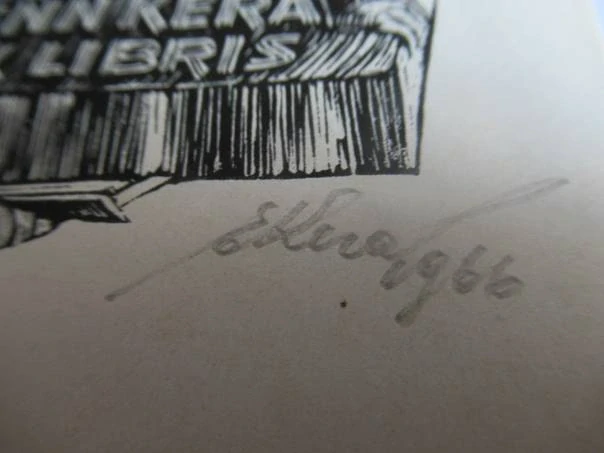 Exlibris – Enn Kera – Enn Kera – Sochař v ateliéru s ženským aktem – 9×6,5 cm – dřevoryt (X2)