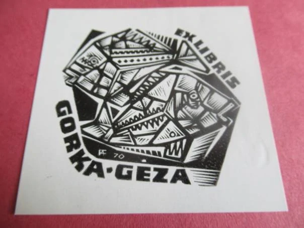 Exlibris – Gorka Géza – Fery Antal – Abstraktní geometrická kompozice – 7,5×8 cm – dřevoryt (X2)