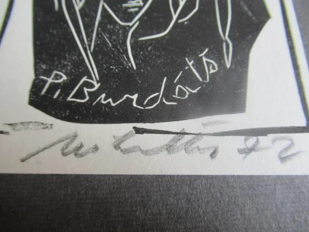 Exlibris – P. Burdáts – Milan Mihalko – Poetický ženský portrét s lístky – 9,5×9 cm – linoryt (X3)