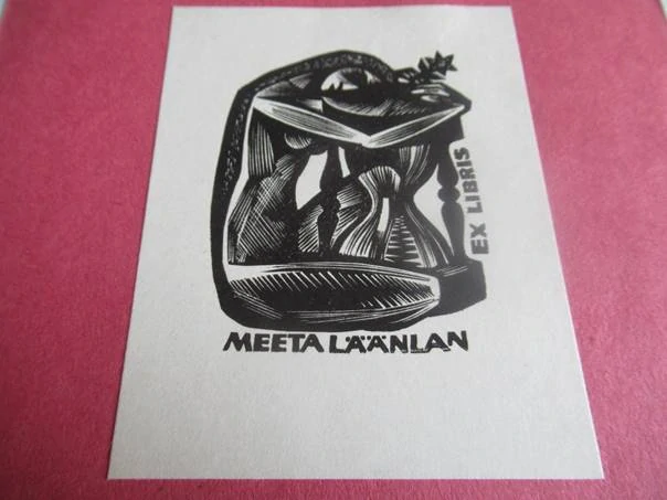 Exlibris – Meeta Läänlan – Henno Arrak – Sedící ženský akt v zamyšlení – 9×7 cm – dřevoryt (X2)